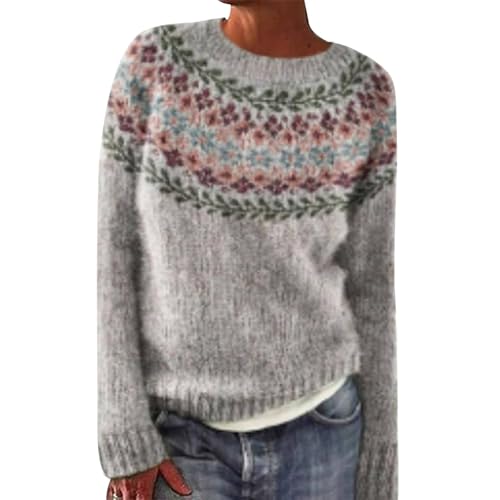 Norweger Pullover Damen Winter Warm Kaschmir Pullover Winterpullover Elegant Rundhals Langarm Bunte Strickpullover Casual mit Aufdruck Gestrickte Pulli Mode Bequem Oversize Wollpullover Fleecepullover von Surttan