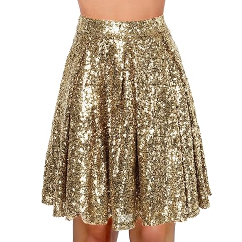 Paillettenrock Damen,Tüllrock Damen,Damen Glitzer Pailletten Rock Goldener Rock Minirock Kurz Mini Rock Faltenrock Tanz Rock Faltenrock Stilvoll Glitzer Rock Karneval Hohe Taille Rock Kostüm von Surttan