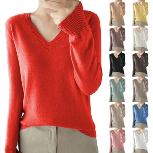 Pullover Damen Strick Winter Pulli Pullover V-Ausschnitt Elegant Einfarbig Strickpulli Baumwolle Grobstrick Winterpullover Warm Wollpullover Casual Lose Cashmere Pullover Gestrickter Sweater von Surttan