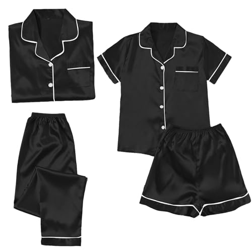 Pyjama Damen Kurz，Kurz 4 Teiliges Kurzarm Schlafanzug Nachtwäsche Cami Und Shorts Set Frauen Silk Pjs Sets Hemd Und Shorts Lange Hose Kuschel Pijamas Set Elegant Damenschlafanzug Hausanzug Loungewear von Surttan