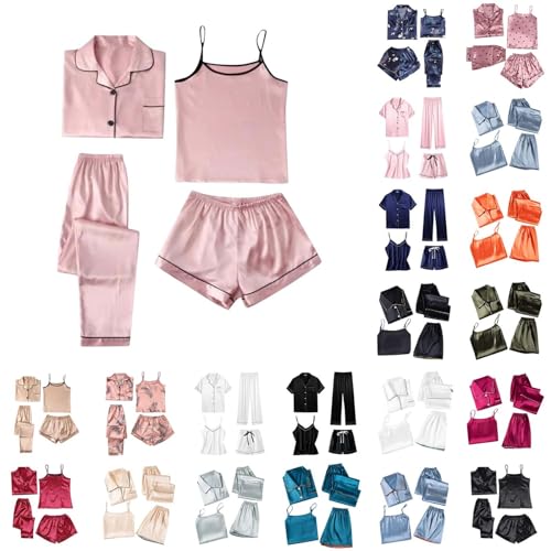 Pyjama Teenager Mädchen，Kurz 4 Teiliges Kurzarm Schlafanzug Nachtwäsche Cami Und Shorts Set Frauen Silk Pjs Sets Hemd Und Shorts Lange Hose Kuschel Pijamas Set Elegant Hausanzug Loungewear von Surttan