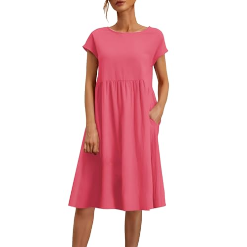 Schnäppchen，Sommerkleid Damen Leicht Und Luftig Leinenkleid Kurzarm Strandkleid Rundhalsausschnitt Freizeitkleid Mit Taschen Musselin Kleid Midikleid Einfarbig Große Größen S-5XL von Surttan