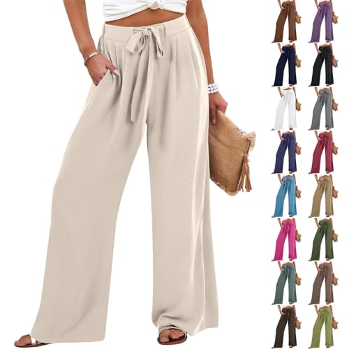 Sommerhose Damen Leichte Große Größe Boho Freizeit Hose Lang Locker Sommer Strandhose Elegant Weitem Bein Hosen Weich Bequem Stoffhose Strandhosen mit Kordelzug Gerade Hose für Frauen von Surttan