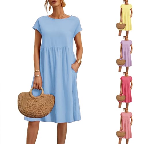Sommerkleid Damen Leicht Und Luftig Leinenkleid Kurzarm Strandkleid Rundhalsausschnitt Freizeitkleid Mit Taschen Musselin Kleid Midikleid Einfarbig Große Größen S-5XL von Surttan