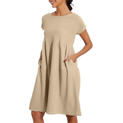 Sommerkleid Damen Leicht Und Luftig Leinenkleid Kurzarm Strandkleid Rundhalsausschnitt Freizeitkleid Mit Taschen Musselin Kleid Midikleid Einfarbig Große Größen S-5XL von Surttan