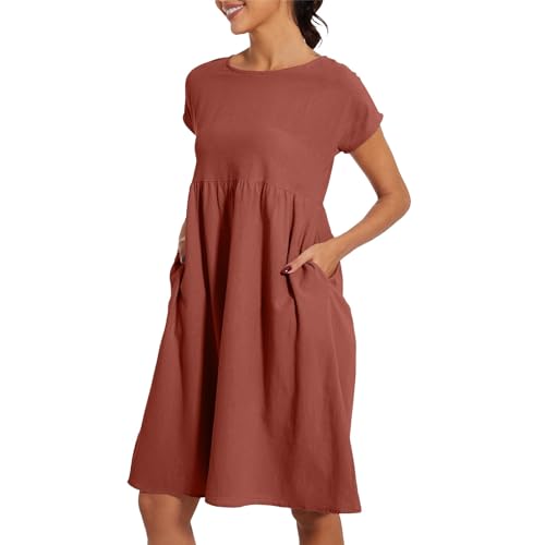 Sommerkleid Damen Leicht Und Luftig Leinenkleid Kurzarm Strandkleid Rundhalsausschnitt Freizeitkleid Mit Taschen Musselin Kleid Midikleid Einfarbig Große Größen S-5XL von Surttan