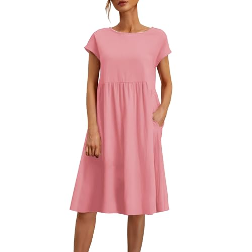 Sommerkleid Damen Leicht Und Luftig Leinenkleid Kurzarm Strandkleid Rundhalsausschnitt Freizeitkleid Mit Taschen Musselin Kleid Midikleid Einfarbig Große Größen S-5XL von Surttan
