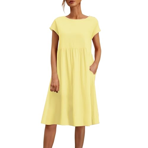Sommerkleid Damen Leicht Und Luftig Leinenkleid Kurzarm Strandkleid Rundhalsausschnitt Freizeitkleid Mit Taschen Musselin Kleid Midikleid Einfarbig Große Größen S-5XL von Surttan