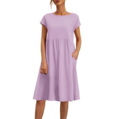 Sommerkleider Damen Leicht Und Luftig，Sommerkleid Damen Leicht Und Luftig Leinenkleid Kurzarm Strandkleid Rundhalsausschnitt Freizeitkleid Mit Taschen Musselin Kleid Midikleid Einfarbig Große Größen von Surttan