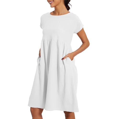 Sommerkleider Damen Leicht Und Luftig，Sommerkleid Damen Leicht Und Luftig Leinenkleid Kurzarm Strandkleid Rundhalsausschnitt Freizeitkleid Mit Taschen Musselin Kleid Midikleid Einfarbig Große Größen von Surttan