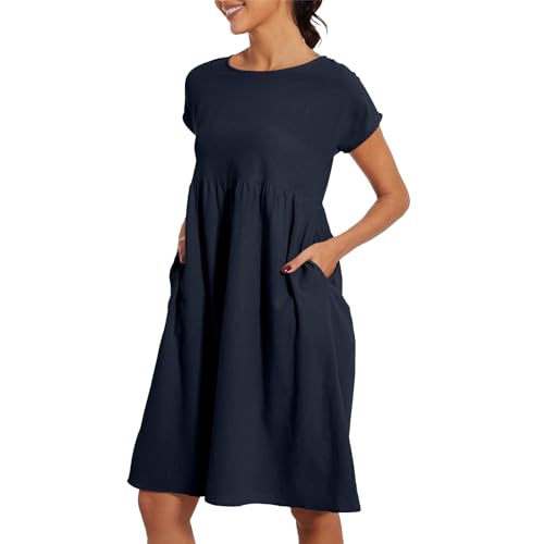 Sommerkleider Damen Leicht Und Luftig Lang，Sommerkleid Damen Leicht Und Luftig Leinenkleid Kurzarm Strandkleid Rundhalsausschnitt Freizeitkleid Mit Taschen Musselin Kleid Midikleid Einfarbig von Surttan