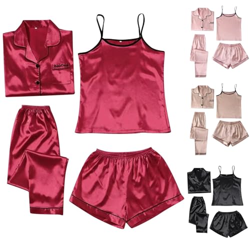Stitch Schlafanzug，Kurz 4 Teiliges Kurzarm Schlafanzug Nachtwäsche Cami Und Shorts Set Frauen Silk Pjs Sets Hemd Und Shorts Lange Hose Kuschel Pijamas Set Elegant Damenschlafanzug Hausanzug Loungewear von Surttan
