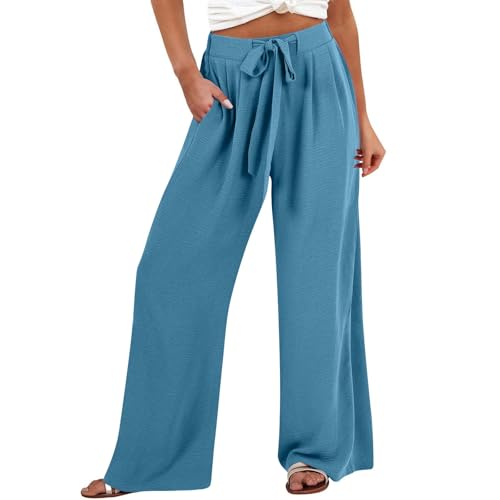 Surttan Sommerhose Damen Leichte Große Größe Boho Freizeit Hose Lang Locker Sommer Strandhose Elegant Weitem Bein Hosen Weich Bequem Stoffhose Leicht Strandhosen mit Kordelzug Gerade Hose für Frauen von Surttan