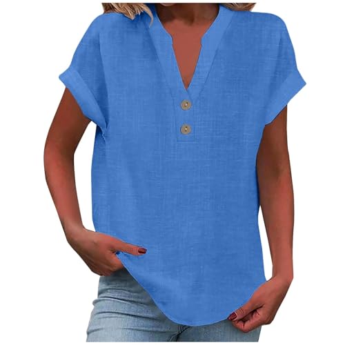 Summer Must Haves,Leinenbluse Damen Elegante Kurzarm Baumwolle Leinen Tshirt Leinenshirt Oversized Lässiges Musselin Oberteile Button Down Hemdbluse Tunika Top Sommer von Surttan