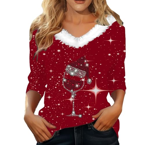 Surttan Angebote des Tages Heute Damen, Weihnachtspullover Damen Lustig V-Ausschnitt Flauschige Weihnachtsbluse Mit Weinglas Druck Casual Langarm Weihnachtshemd Hässliche Weihnachtspulli Weihnachts von Surttan