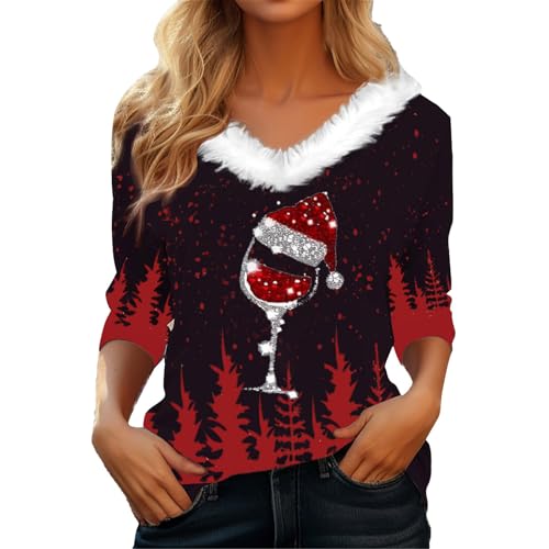 Surttan Blitzangebote des Tages Damen, Weihnachtspullover Damen Lustig V-Ausschnitt Flauschige Weihnachtsbluse Mit Weinglas Druck Casual Langarm Weihnachtshemd Hässliche Weihnachtspulli Weihnachts von Surttan