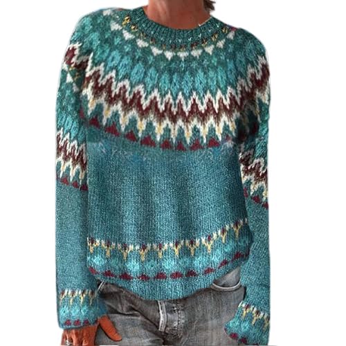 Surttan Norweger Pullover Damen Winter Warm Pullover Winterpullover Elegant Rundhals Langarm Bunte Strickpullover Casual mit Aufdruck Gestrickte Pulli Mode Bequem Oversize Wollpullover Fleecepullover von Surttan