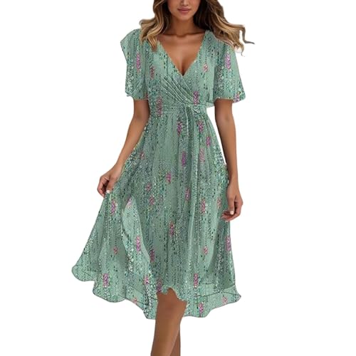 Abendkleider Damen Lang Mit Gürtel A-Linien Kleid V Ausschnitt Maxikleid Sommer Blumen Sommerkleider Leicht Und Luftig Curvy Strandkleid von Surttan