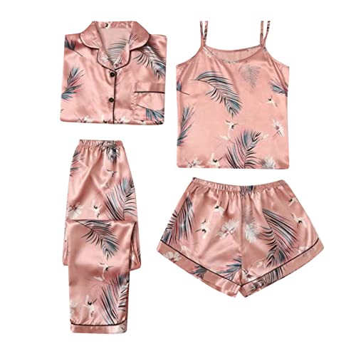 Sylvie Meis，Kurz 4 Teiliges Kurzarm Schlafanzug Nachtwäsche Cami Und Shorts Set Frauen Silk Pjs Sets Hemd Und Shorts Lange Hose Kuschel Pijamas Set Elegant Damenschlafanzug Hausanzug Loungewear von Surttan