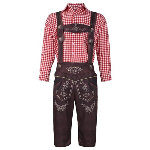 Trachtenset Herren Komplett Oktoberfest Trachtenset Beinhaltet Hose & Shirt & Hut Lederhosen Mit Trägern Trachtenset 3 Teiliges Hemd Karo Shirt Trachten Set Retro Hemd Bayerische Trachten Lederhose von Surttan