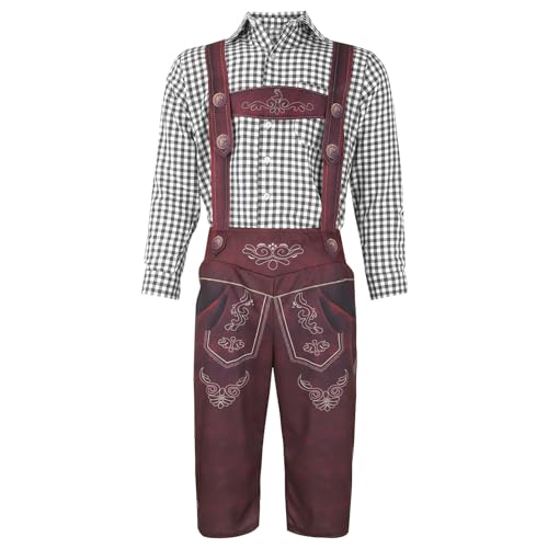 Trachtenset Herren Komplett Oktoberfest Trachtenset Beinhaltet Hose & Shirt & Hut Lederhosen Mit Trägern Trachtenset 3 Teiliges Hemd Karo Shirt Trachten Set Retro Hemd Bayerische Trachten Lederhose von Surttan