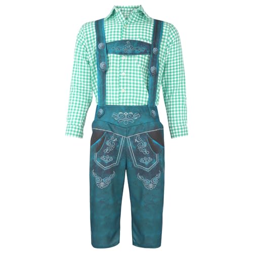 Trachtenset Herren Komplett Oktoberfest Trachtenset Beinhaltet Hose & Shirt & Hut Lederhosen Mit Trägern Trachtenset 3 Teiliges Hemd Karo Shirt Trachten Set Retro Hemd Bayerische Trachten Lederhose von Surttan