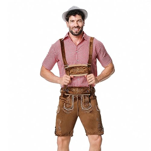 Trachtenset Herren Oktoberfest Trachtenset Beinhaltet Hose & Shirt & Hut Lederhosen Mit Trägern Trachten Set Bayerische Trachten Lederhose Hemd Karo Shirt Retro Latzhose Trachtenset 3 Teiliges von Surttan