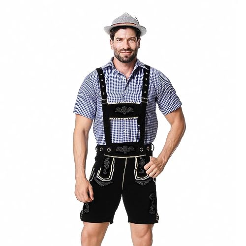 Trachtenset Herren Oktoberfest Trachtenset Beinhaltet Hose & Shirt & Hut Lederhosen Mit Trägern Trachten Set Bayerische Trachten Lederhose Hemd Karo Shirt Retro Latzhose Trachtenset 3 Teiliges von Surttan