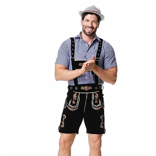 Trachtenset Herren Oktoberfest Trachtenset Beinhaltet Hose & Shirt & Hut Lederhosen Mit Trägern Trachten Set Bayerische Trachten Lederhose Hemd Karo Shirt Retro Latzhose Trachtenset 3 Teiliges von Surttan