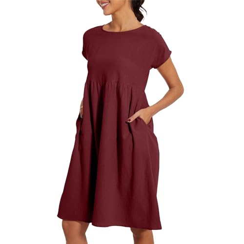 Sommerkleid Damen Leicht Und Luftig Leinenkleid Kurzarm Strandkleid Rundhalsausschnitt Freizeitkleid Mit Taschen Musselin Kleid Midikleid Einfarbig Große Größen S-5XL von Surttan