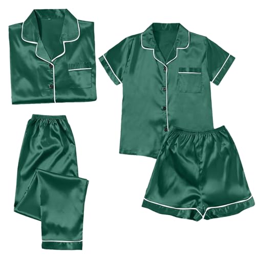 Warmer Schlafanzug Damen，Kurz 4 Teiliges Kurzarm Schlafanzug Nachtwäsche Cami Und Shorts Set Frauen Silk Pjs Sets Hemd Und Shorts Lange Hose Kuschel Pijamas Set Elegant Hausanzug Loungewear von Surttan
