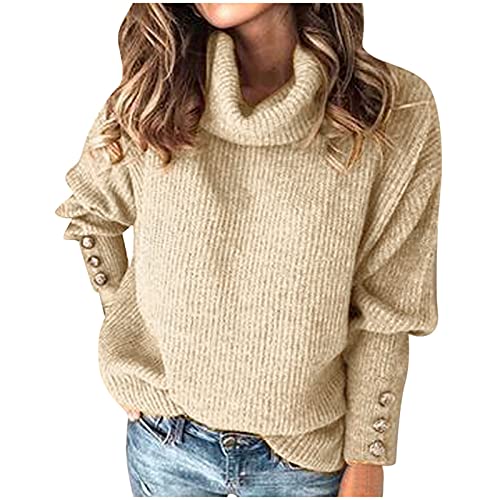 rollkragenpullover damen baumwolle,Winter Langarm Lose Strickpullover Casual Warm Gestrickt Mit Metallknöpfen Elegant Rollkragenpullover Dicker Winterpullover Oversize Strickpulli Grobstrickpullover von Surttan