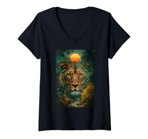 Damen Starker Löwe Dschungel Afrika Natur Sonnenuntergang Savanna Roar T-Shirt mit V-Ausschnitt Damen Starker Löwe Dschungel Afrika Natur Sonnenuntergang Savanna Roar T-Shirt mit V-Ausschnitt von Survival of Lions in the Wild Wild River Wildness