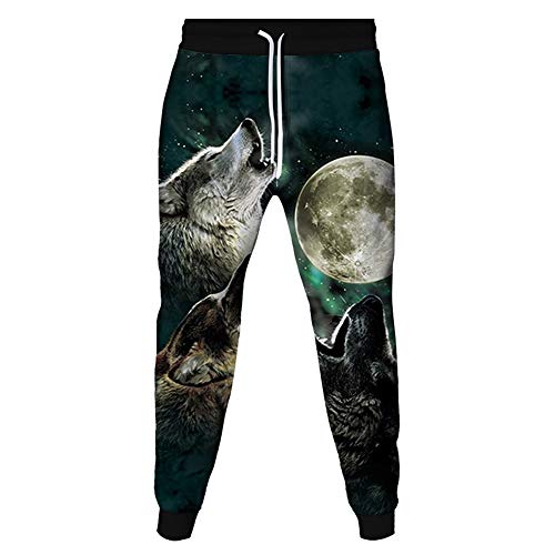 Surwin 3D Wolf drucken Unisex Jogginghose mit Kordelzug Herren Sweathose Taschen Training Jogginghose Casual Street Hip Hop Sporthose Jog Pants (Mond,2XL) von Surwin