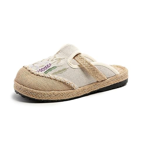 Surwin Clogs Damen, Bestickte Schuhe im Ethnischen Stil Hausschuhe Gummisohle Sandalen Weiches rutschfest Gartenschuhe Komfort Slip-On Kartoffel Schuhe Pantoletten (Blütenblätter beige,37) von Surwin