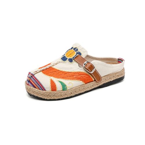 Surwin Clogs Damen, Bestickte Schuhe im Ethnischen Stil Hausschuhe Gummisohle Sandalen Weiches rutschfest Gartenschuhe Komfort Slip-On Kartoffel Schuhe Pantoletten (Chinesischer Stil Beige,40) von Surwin