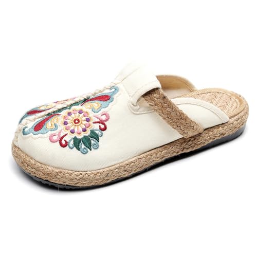 Surwin Clogs Damen, Bestickte Schuhe im Ethnischen Stil Hausschuhe Gummisohle Sandalen Weiches rutschfest Gartenschuhe Komfort Slip-On Kartoffel Schuhe Pantoletten (Ethnischer Stil Beige,37) von Surwin