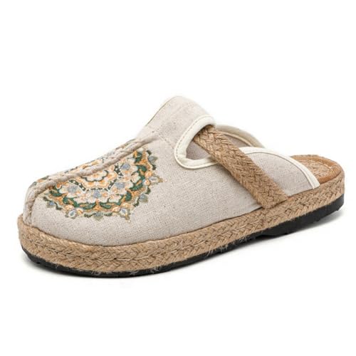 Surwin Clogs Damen, Bestickte Schuhe im Ethnischen Stil Hausschuhe Gummisohle Sandalen Weiches rutschfest Gartenschuhe Komfort Slip-On Kartoffel Schuhe Pantoletten (Mandala Beige,40) von Surwin