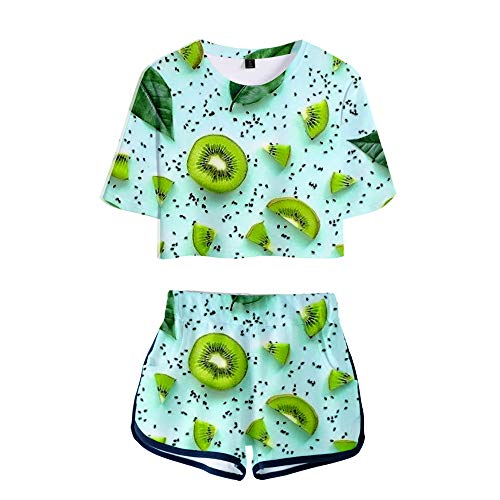 Surwin Damen 3D Druck Sommer Freizeit Streetwear T-Shirt Tops Shorts Anzug Gym Workout Running Trainingsanzug Sportswear Yoga Kleidung Mädchen 2-teiliges Set (S,Grüne Kiwi) von Surwin