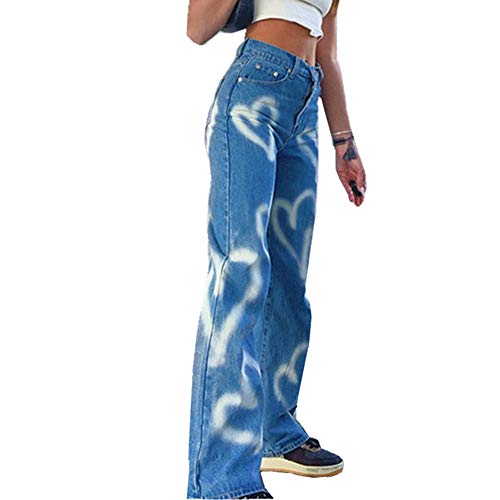 Surwin Damen Patchwork Jeans Pants, Frauen Hohe Taille Breiten Bein Hosen Gerade Denim Jeans Casual Baggy Hosen Fashion Vintage Bleistifthose Flare-Jeanshose (Blau,S) von Surwin