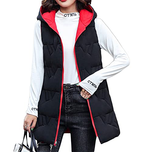 Surwin Daunenweste Damen Lang Ärmellos Weste mit Kapuze Steppjacke, Reversibel Warm Daunenjacke Wintermantel Freizeit Slim Gilet mit Taschen Herbst Winter Outdoor Klettern von Surwin