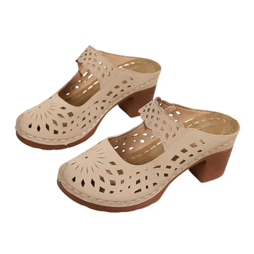 Surwin Hausschuhe Clogs Damen Sommer, Clogs Damen Sandalen Frauen Elegant Absatz 7cm EU 36-43 Hausschuhe Pantoletten Casual Strandsandalen Bequeme Slip-On Sommerschuhe (Beige,39) von Surwin