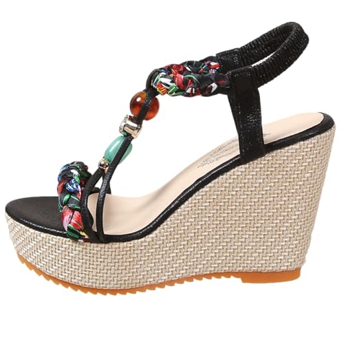 Surwin Keilsandalen Damen Sommer Absatz, Ethnisch Stil Sandalen Keilabsatz Damen Sommer EU 35-42 Sandalen Plattform Offene Zehen Elegante Sandaletten Wedges mit Absatz 10.5cm (Schwarz,37) von Surwin
