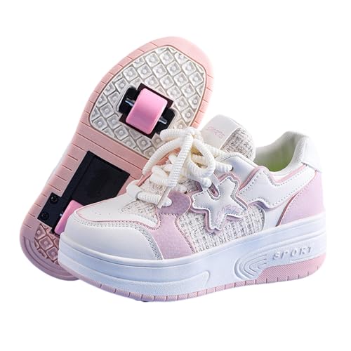 Surwin Kids Roller Skate Shoes for Girl Boy, Classic Lace-up Trainer Roller Skates Adult Teenager Unisex with Retractable Rear Wheels, Lightweight Outdoor Running Sneakers (Rosa,33) von Surwin