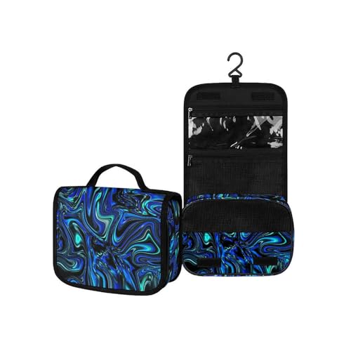 Surwin Kulturbeutel Herren Damen Zum Aufhängen Reise Hängender Kulturbeutel Kulturtasche Tragbare Abstrakter Druck Groß Kosmetiktasche mit 3 Fächern Schminktasche (Batikblau,22.5x18.5x7cm) von Surwin