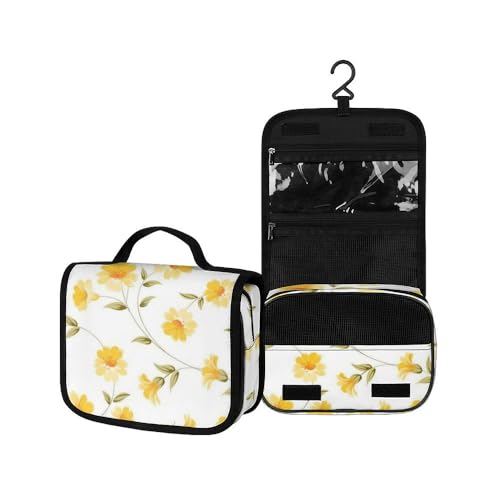Surwin Kulturbeutel Herren Damen Zum Aufhängen Reise Hängender Kulturbeutel Kulturtasche Tragbare Botanischer Druck Groß Kosmetiktasche mit 3 Fächern Schminktasche (gelbe Blume,22.5x18.5x7cm) von Surwin