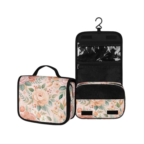 Surwin Kulturbeutel Herren Damen Zum Aufhängen Reise Hängender Kulturbeutel Kulturtasche Tragbare Botanischer Druck Groß Kosmetiktasche mit 3 Fächern Schminktasche (Pfingstrosenblume,22.5x18.5x7cm) von Surwin