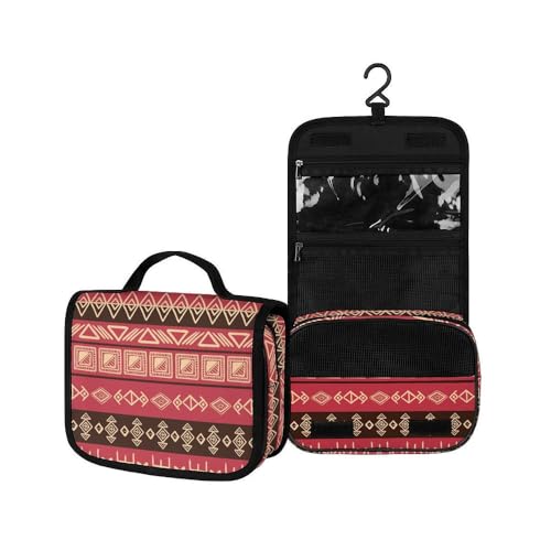 Surwin Kulturbeutel Herren Damen Zum Aufhängen Reise Hängender Kulturbeutel Kulturtasche Tragbare Exotisch Groß Kosmetiktasche mit 3 Fächern Schminktasche (geometrisches Rot,22.5x18.5x7cm) von Surwin
