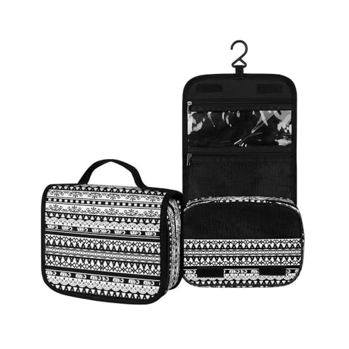Surwin Kulturbeutel Herren Damen Zum Aufhängen Reise Hängender Kulturbeutel Kulturtasche Tragbare Exotisch Groß Kosmetiktasche mit 3 Fächern Schminktasche (schwarz und weiß,22.5x18.5x7cm) von Surwin