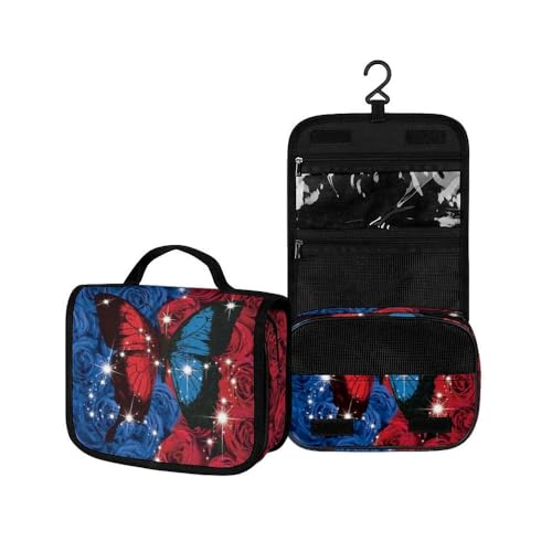Surwin Kulturbeutel Herren Damen Zum Aufhängen Reise Hängender Kulturbeutel Kulturtasche Tragbare Groß Kosmetiktasche mit 3 Fächern Schminktasche (Roter und Blauer,22.5x18.5x7cm) von Surwin